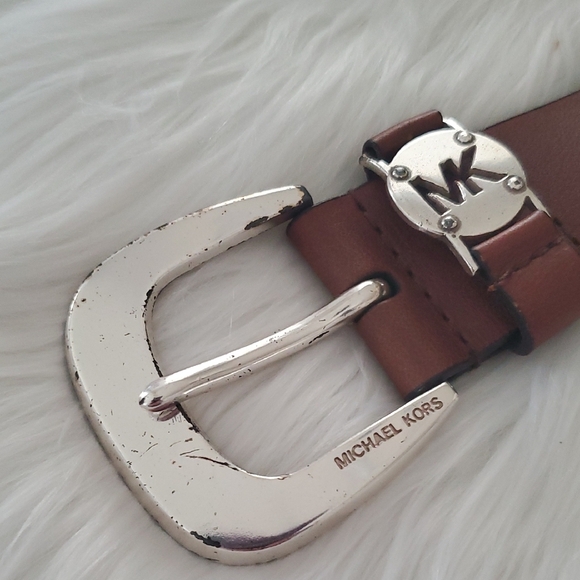 Michael Kors MK Logo Keeper Brown Leather Belt With Silvertone Buckle Size M - Picture 4 of 5